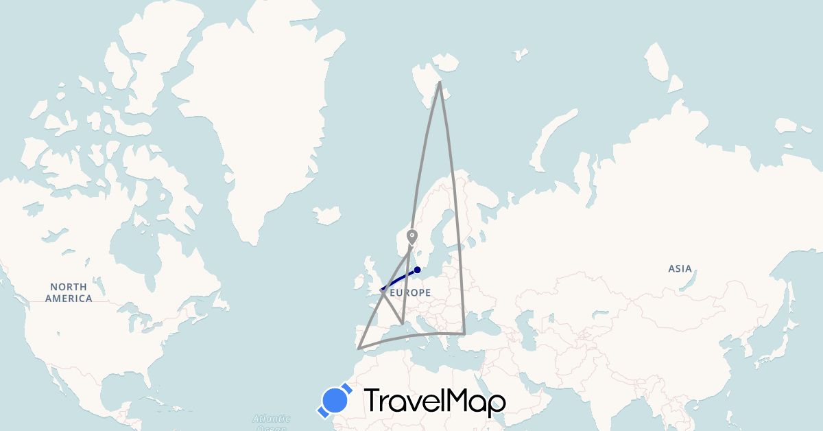 TravelMap itinerary: driving, plane in Denmark, France, United Kingdom, Monaco, Norway, Portugal, Turkey (Asia, Europe)